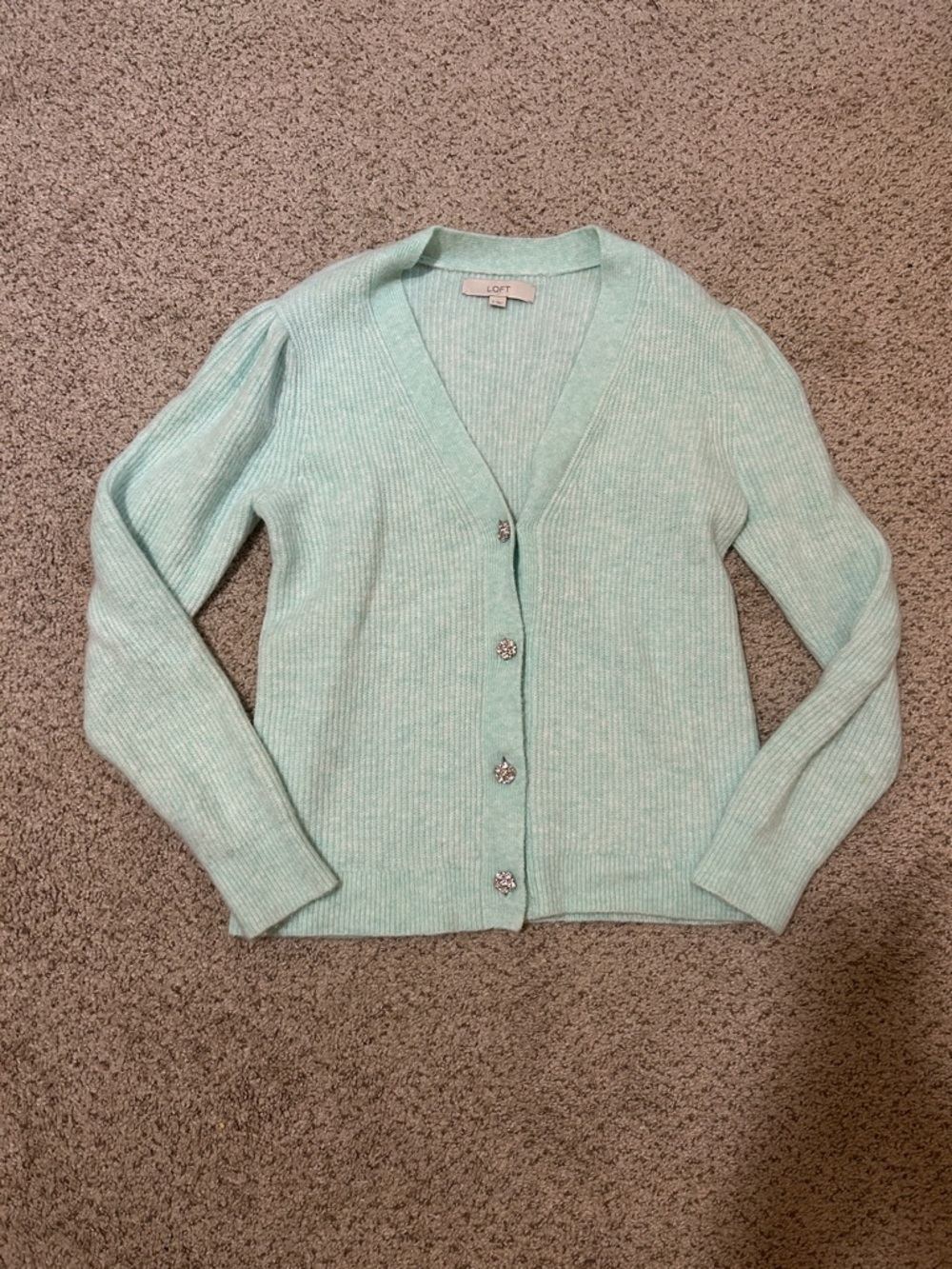 LOFT Mint Green Ribbed V-Neck Cardigan with Decorative Buttons
